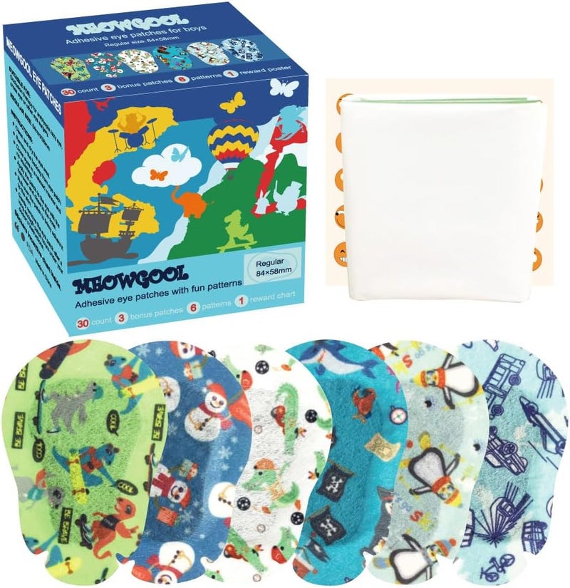 MEOWGOOL Adhesive Eye Patches for Kids with Lazy Eye, Adhesive Bandages for Amblyopia, 6 Fun Designs for Boys (Regular Size) - Image 1